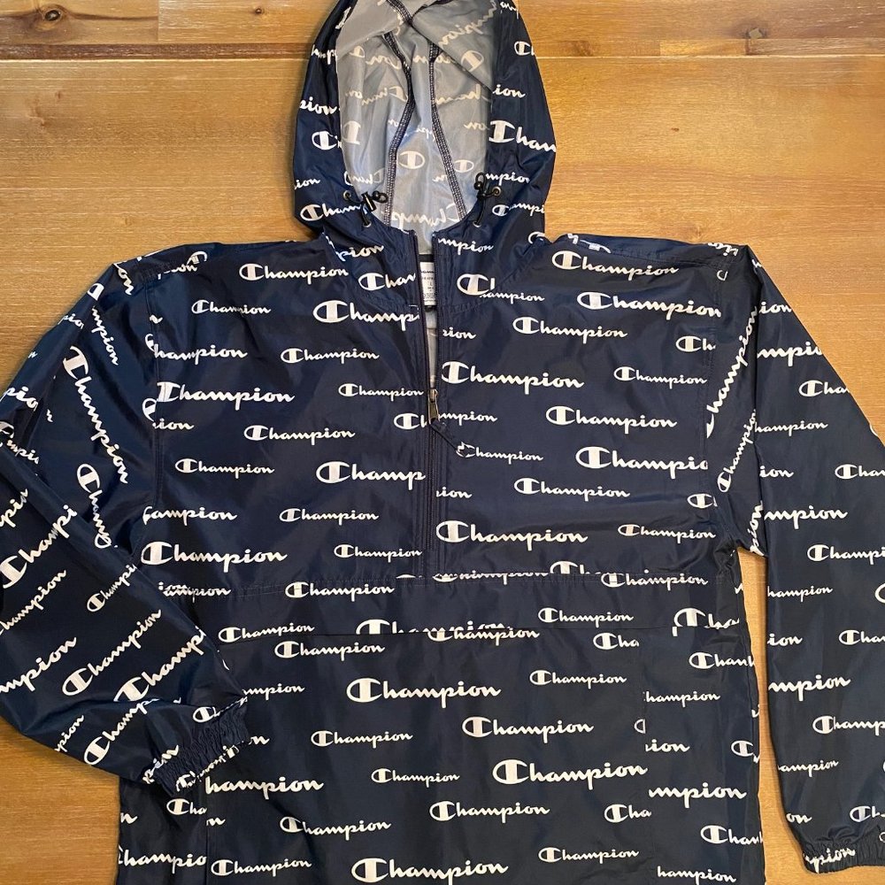 Champion Hooded Windbreaker Packable Jacket, All Over Logo